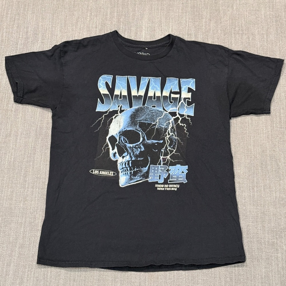 Hybrid Apparel Mens Savage Skull Lightning Graphic T-Shirt‎ Black Large L LA
